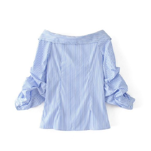 Striped, Off Shoulder Button Up Shirt - Picture 7 of 10